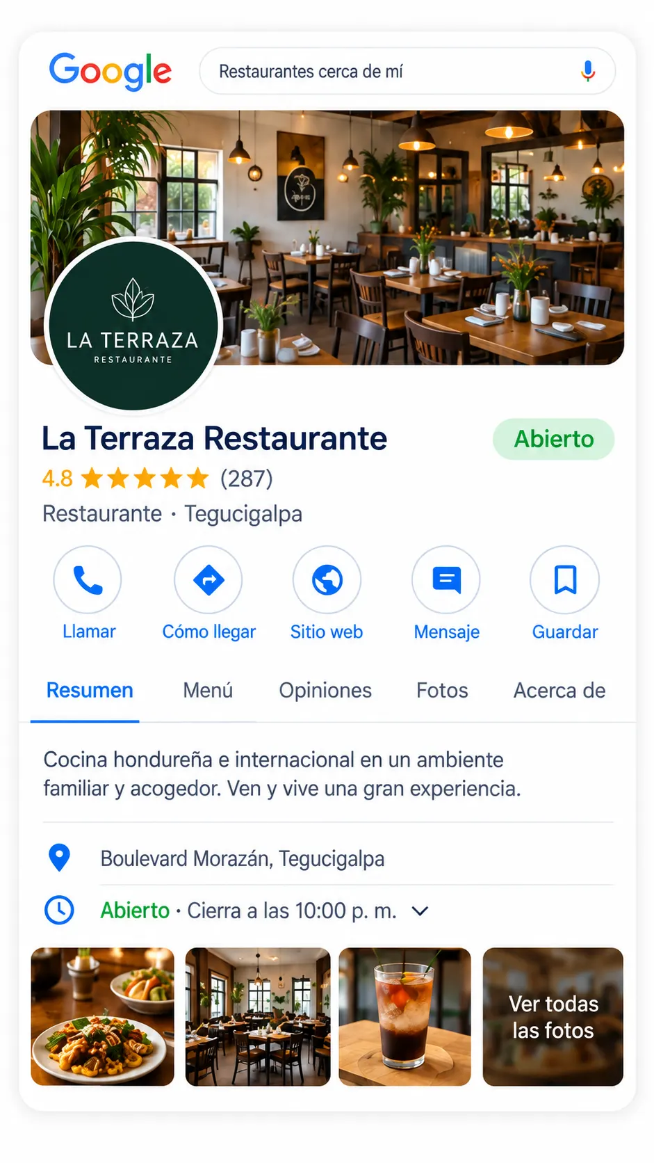 Maqueta de una ficha de Google completa y ordenada
