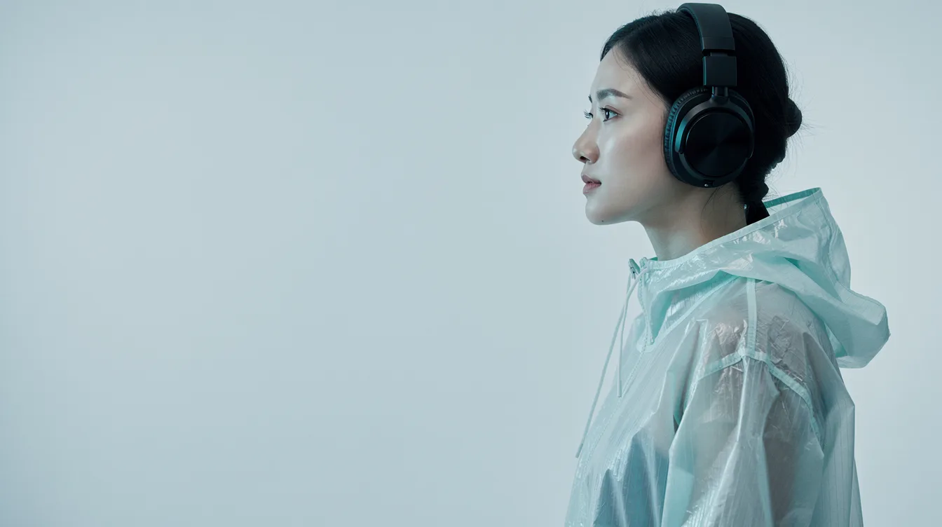 Retrato con audífonos y chaqueta translúcida en una atmósfera azul